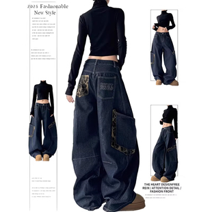 宽松bf高街拖地休闲长裤 英国DHWA 女秋季 牛仔裤 潮 大口袋弯刀工装