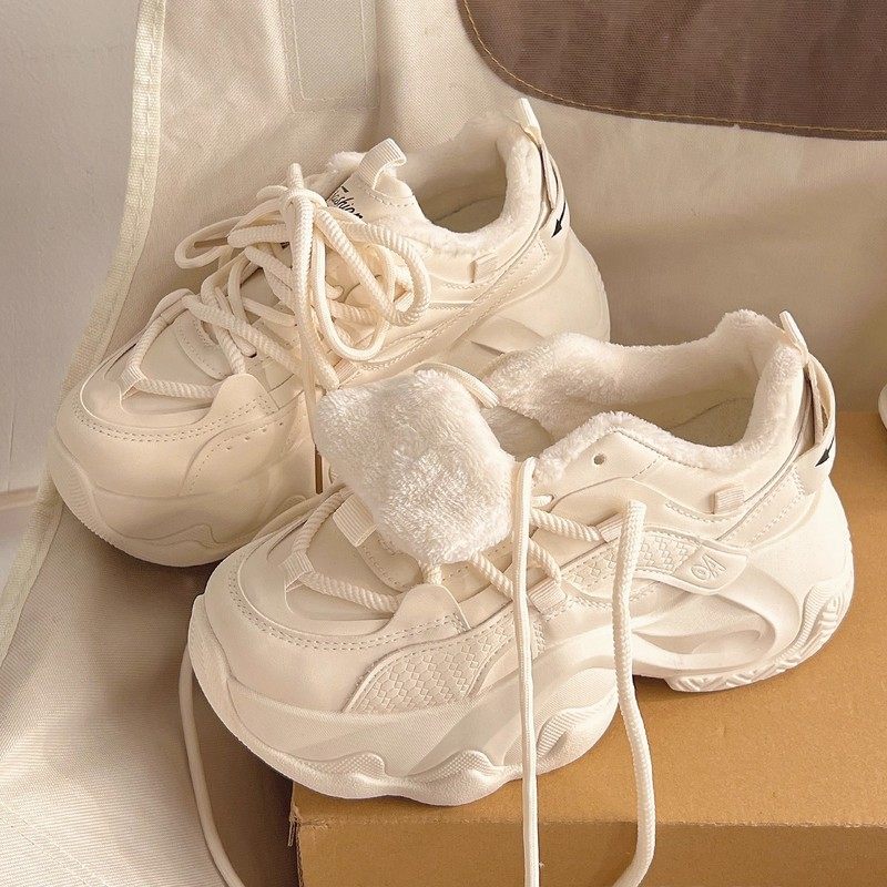 法国Uamtor老爹鞋女2025秋冬季加绒女保暖棉鞋配阔腿裤厚底小白鞋