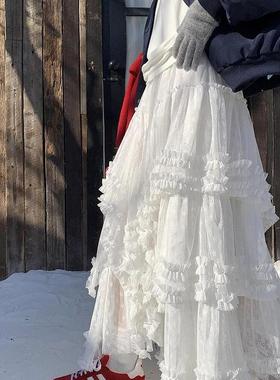 法国GUA3 THREE白色重工蕾丝裙网纱半身裙女秋冬季百搭蛋糕裙子