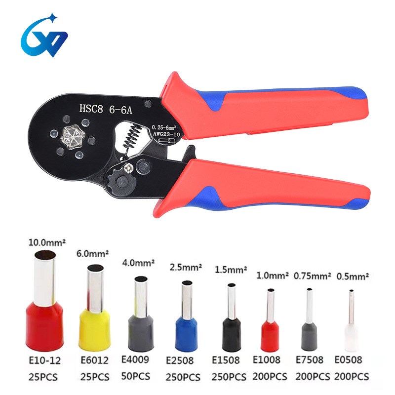 工具红黑色0.25-6mm欧式管型端子HSC8 6-6A表面发黑压线钳