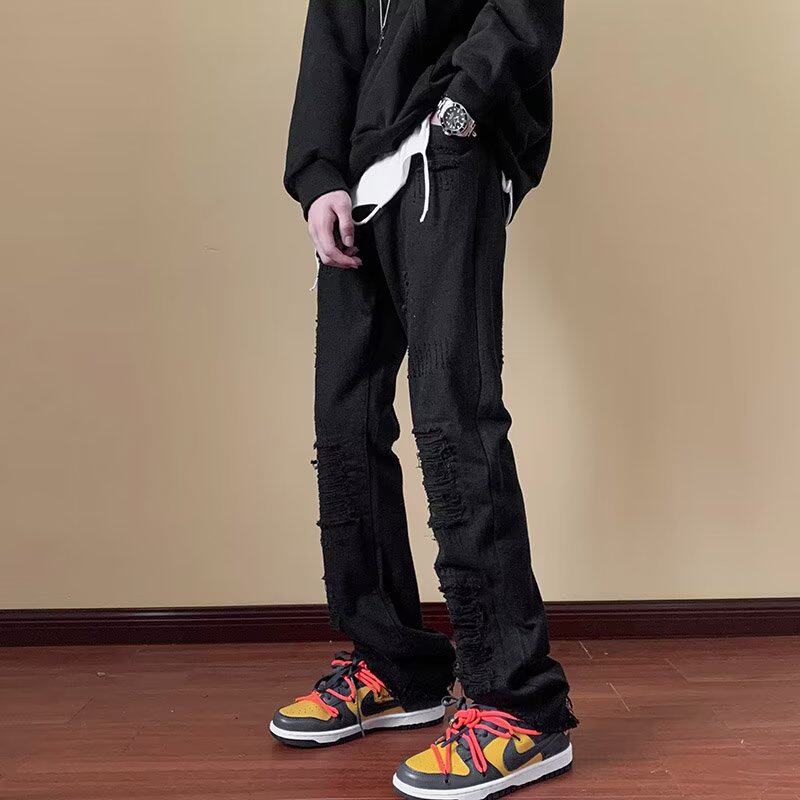 아메리칸 바이브 스트리트 레트로 워싱 찢어진 청바지 남성 가을 겨울 트렌디 하이스트리트 로우엣지 살짝 플레어 롱팬츠