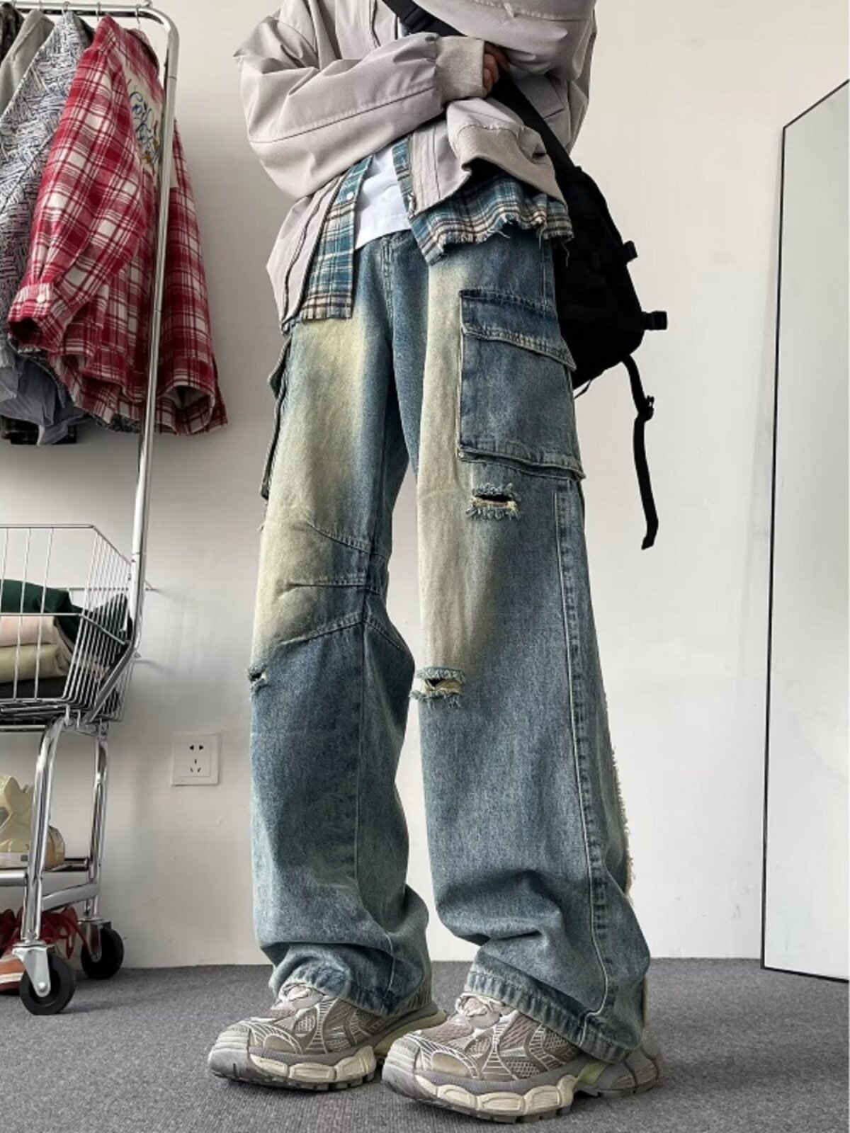 찢어진 작업 청바지 남성 가을 겨울 미국 복고풍 유행 브랜드 바이브 하이 스트리트 바지 루즈 스트레이트 와이드 레그 바지