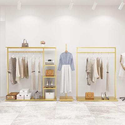 服装店展示架落地式挂衣杆金色专用挂衣架女装店陈列架侧挂衣服架