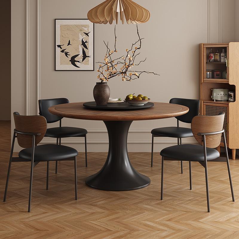 法式覆古岩板餐桌椅简约小户型家用实木圆桌中古风客厅圆形饭桌子