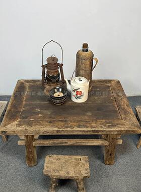 民俗老物件农村小地桌炕桌实木喝茶桌板凳农家院古董覆古装饰摆饰
