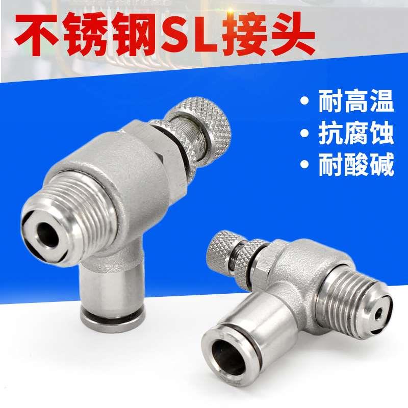 304不锈钢可调气接头SL8-02耐高温高压PU金属快插节流阀调速开关