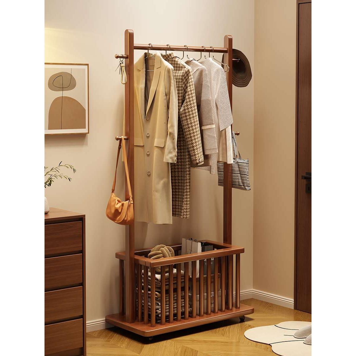 实木衣帽架落地卧室家用挂衣架可移动脏衣篓衣架收纳架入户置物架