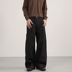 ZZYT美式复古原牛黑阔腿牛仔裤男新款高级丹宁做旧宽松百搭休闲裤