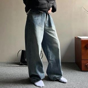RIMO「冰蓝水洗 cleanfit」A字复古做旧牛仔裤男宽松直筒拖地裤子