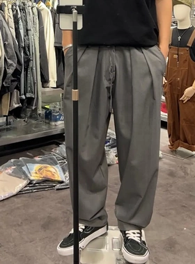 原创日系坠感西装裤子宽松直筒阔腿西裤休闲男女显瘦薄款长裤折边