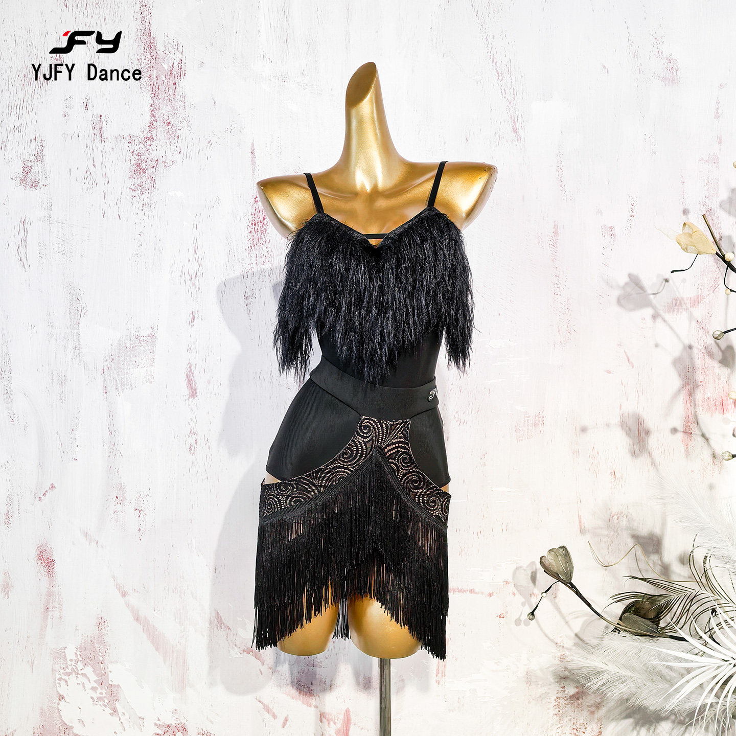 又见梵羽拉丁舞服仿毛吊带连体衣镂空流苏半裙国标练功班服ATL04