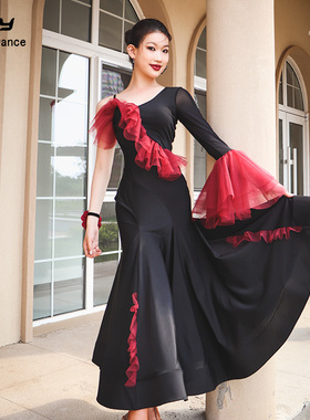 又见梵羽国标舞服摩登新款鱼骨裙大摆连衣裙红色不规则拼接ADL160