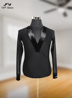 又见梵羽男士国标舞蹈服拉丁连体衣摩登服比赛服练功服上衣ADL139