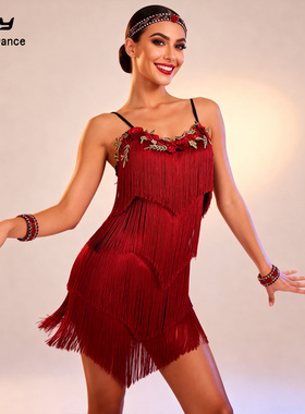 又见梵羽拉丁舞蹈服红色吊带流苏裙国标练功服中秋表演艺考ADL124