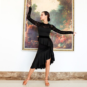 又见梵羽成人拉丁舞练习服网纱长袖 丝绒拼接不规则包臀荷叶裙T046