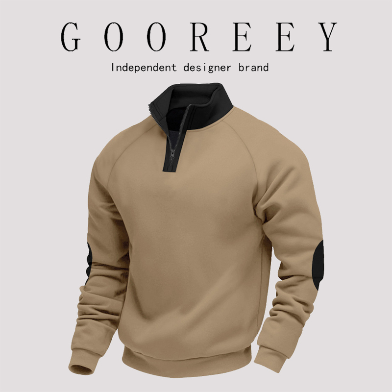 GooReey欧美新款拼色秋冬宽松休闲男士长袖卫衣加绒重磅立领套头