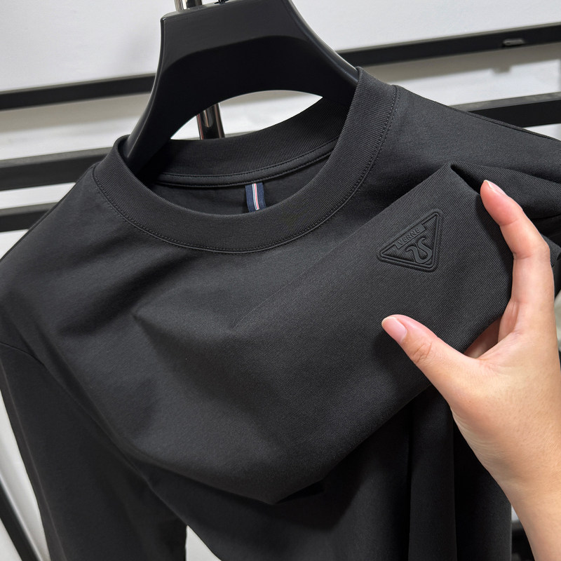 高端100%纯棉男士长袖t恤圆领春秋季休闲薄款潮流简约打底衫上衣