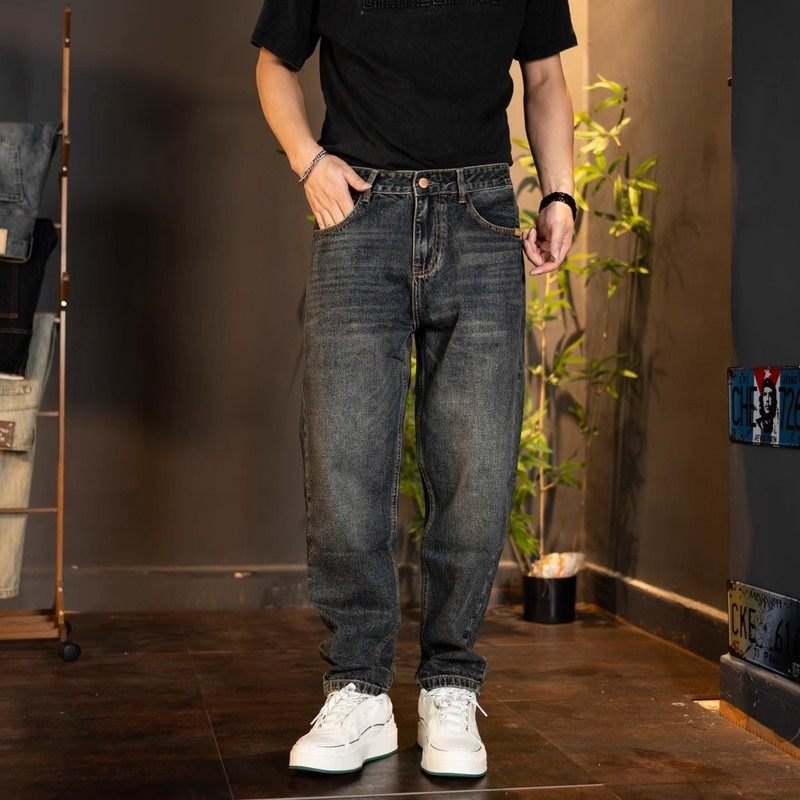 GM新潮 深蓝色宽松微锥牛仔裤男士秋冬新款加绒加厚简约直筒裤子