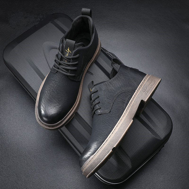 休闲皮鞋男士秋冬季商务英伦风加绒马丁靴男款复古低帮真皮男鞋子