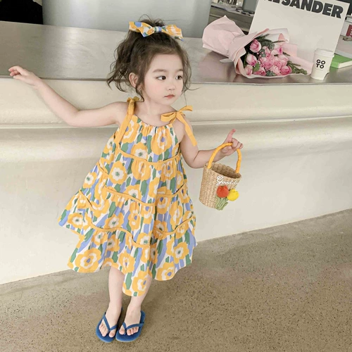 Летний наряд маленькой принцессы для девочек, пляжное платье, в западном стиле, цветочный принт