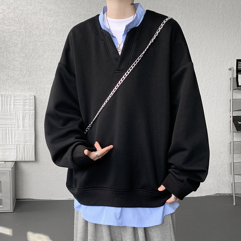 edge studio边缘工作室420g高克重条纹V领假两件拼接潮流大码卫衣