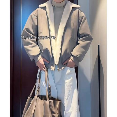 HN潮牌-冬季美拉德毛领雾面PU皮棉服加绒加厚保暖百搭情侣棉衣