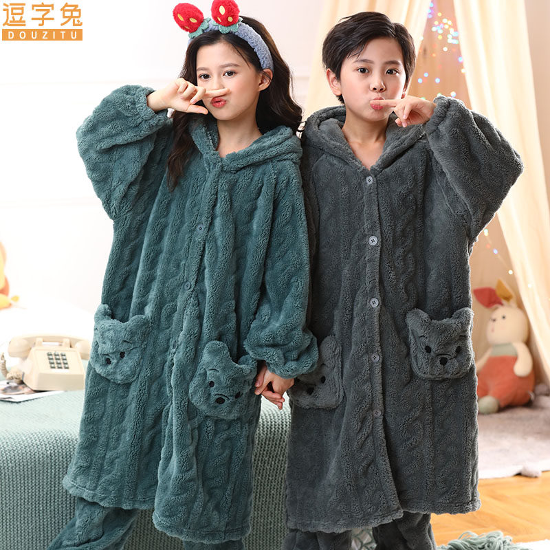 儿童睡袍秋冬法兰绒浴袍加厚长款睡衣男女童套装保暖可外穿家居服