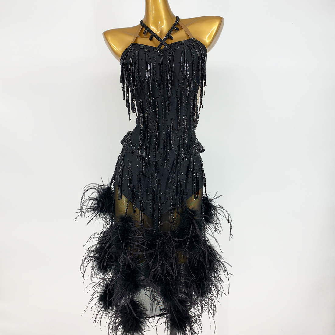 裳工坊拉丁舞演出比赛服鸵鸟毛