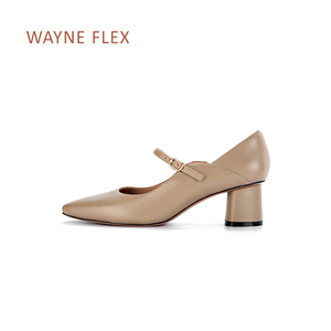 WAYNE FLEX复古羊皮玛丽珍优雅百搭简约方头5CM粗跟小皮鞋单鞋女
