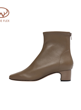 韦恩Wayne Flex舒适时装靴百搭简约粗高跟后拉链单靴加绒靴女