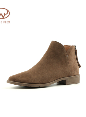 韦恩Wayne Flex后拉链圆头平跟真皮简约时尚切尔西瘦瘦靴短靴