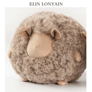 珑衍家居肖恩小绵羊整张真羊毛圆形靠垫抱枕可爱卡通玩偶客厅靠枕