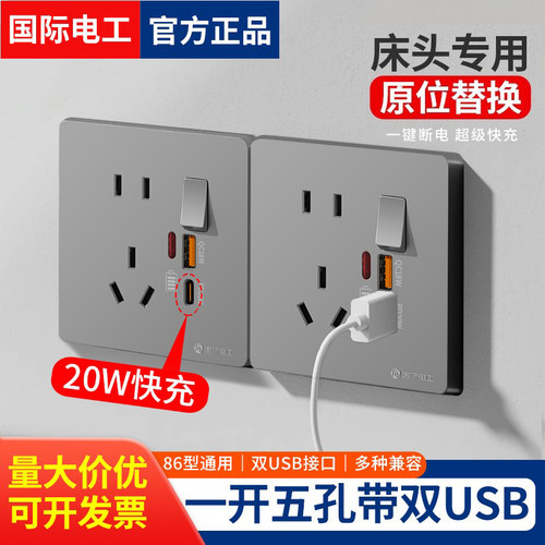 国际电工五孔双USB带开关快充20W