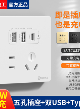 国际电工86型暗装五孔USB多口充电type-c20w手机快充开关插座面板