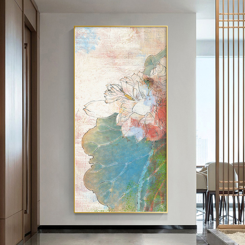 现代简约入户玄关装饰画新中式走廊过道挂画抽象手绘荷花重彩油画