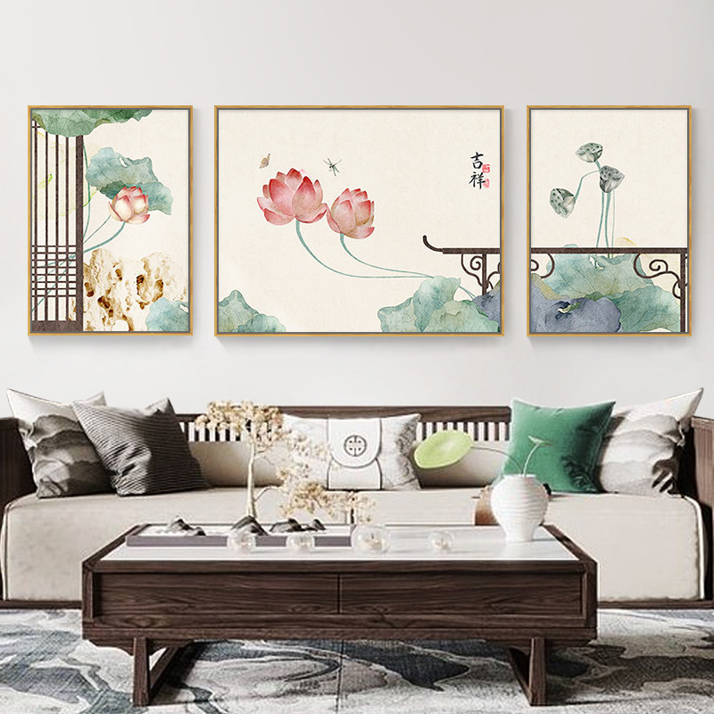 九鱼图三联画新中式客厅装饰画大吉大利挂画寓意好沙发背景墙壁画