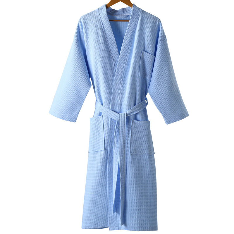 Customized bathrobes with embroidered logos for men and women in summer, long pure cotton waffles for beauty salons and hotels, thin adult bathrobes thumbnail 3