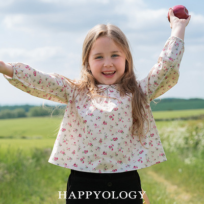 Happyology英国童装新品双层娃娃领儿童衬衫印花纯棉长袖女童衬衫