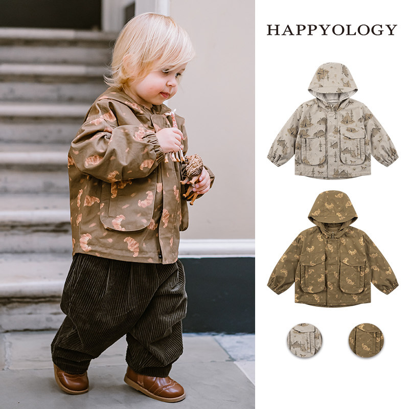 happyology英国儿童秋冬装新款连帽男童立体口袋工装女童童装外套