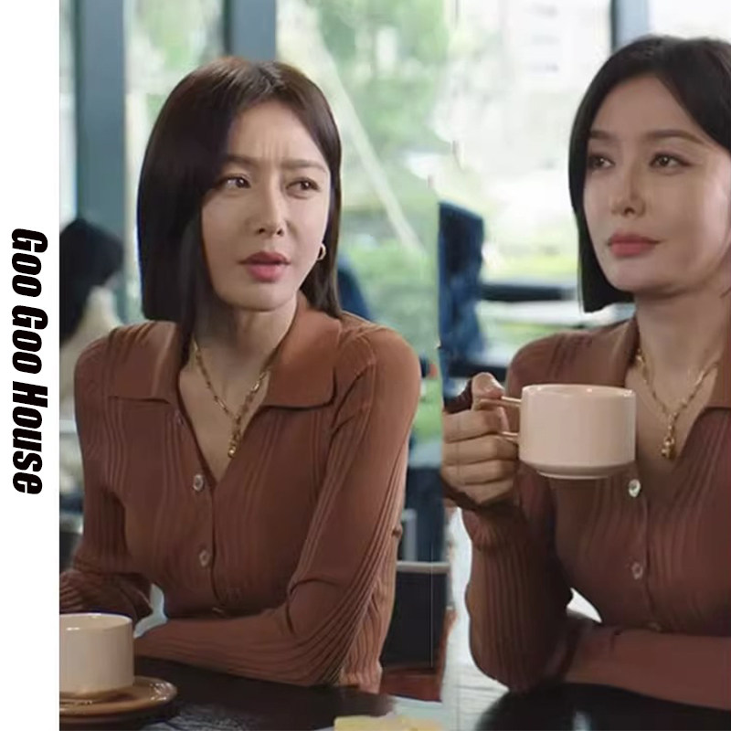 闪耀的她秦岚管文同款棕色polo领针织衫修身打底别致独特上衣女秋