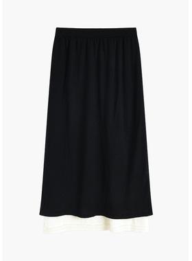 【鄂*定单】法式赫本松紧腰黑色半身裙女设计感拼接撞色中长裙子