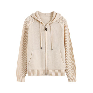 懒惰风连帽长袖杏色针织开衫女2025年秋季新款气质时髦绵羊毛上衣