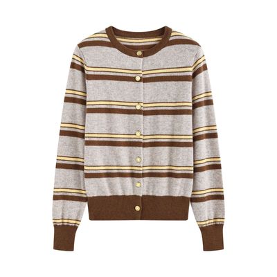 【LP定单】韩版复古撞色条纹针织开衫女秋冬新款气质内搭毛呢毛衣