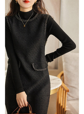 2023背心裙中长套头针织时尚气质通勤黑色短款纯色中腰连衣裙