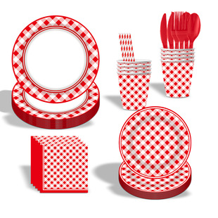 新品红色格子餐具生日新年派对装饰纸盘纸杯纸巾场景布置春节餐盘