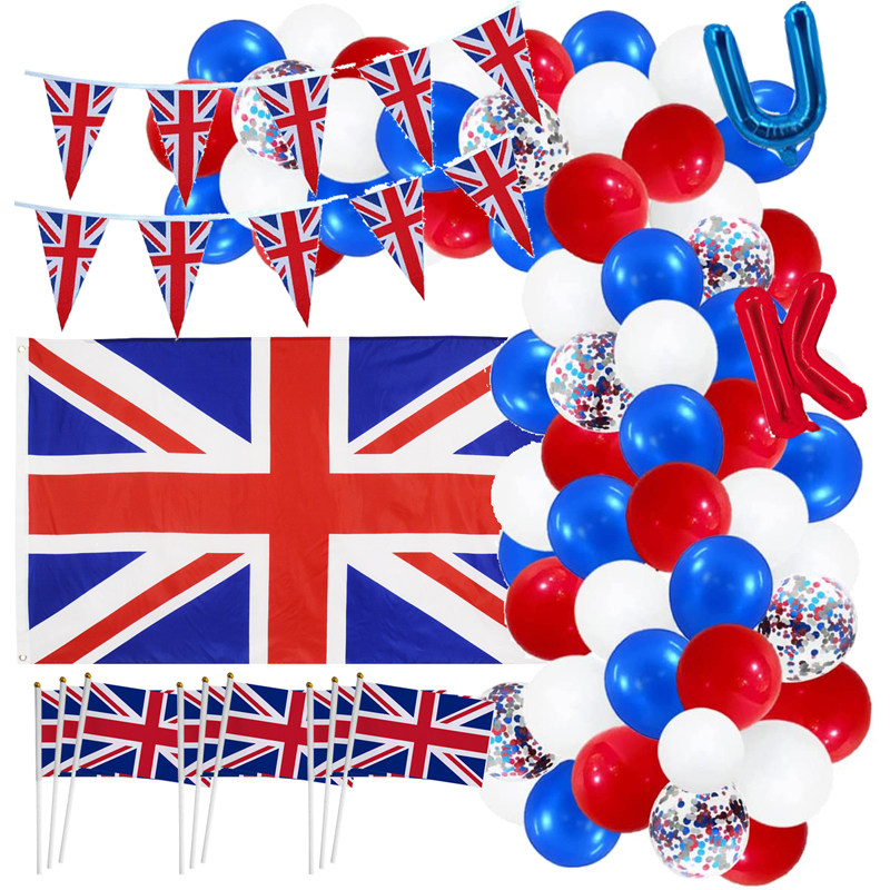 英国国旗主题派对装饰用品米字国旗拉旗UK红蓝白气球链布置套装
