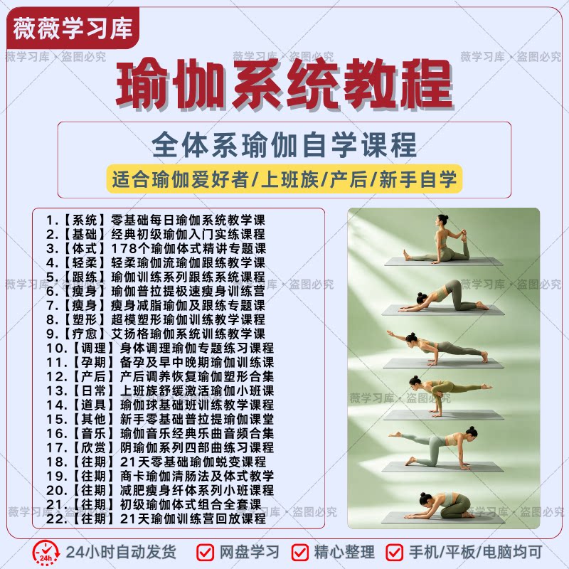 全体系瑜伽自学系统课程教程新手上班族产后塑形跟练学习全套资料