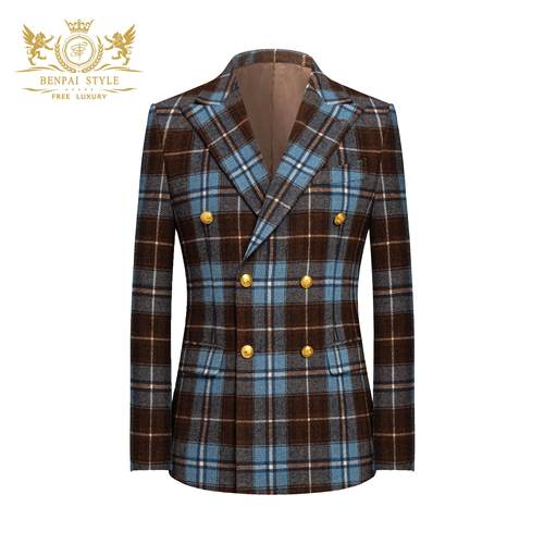 本派蓝色苏格兰格纹双排扣西装男