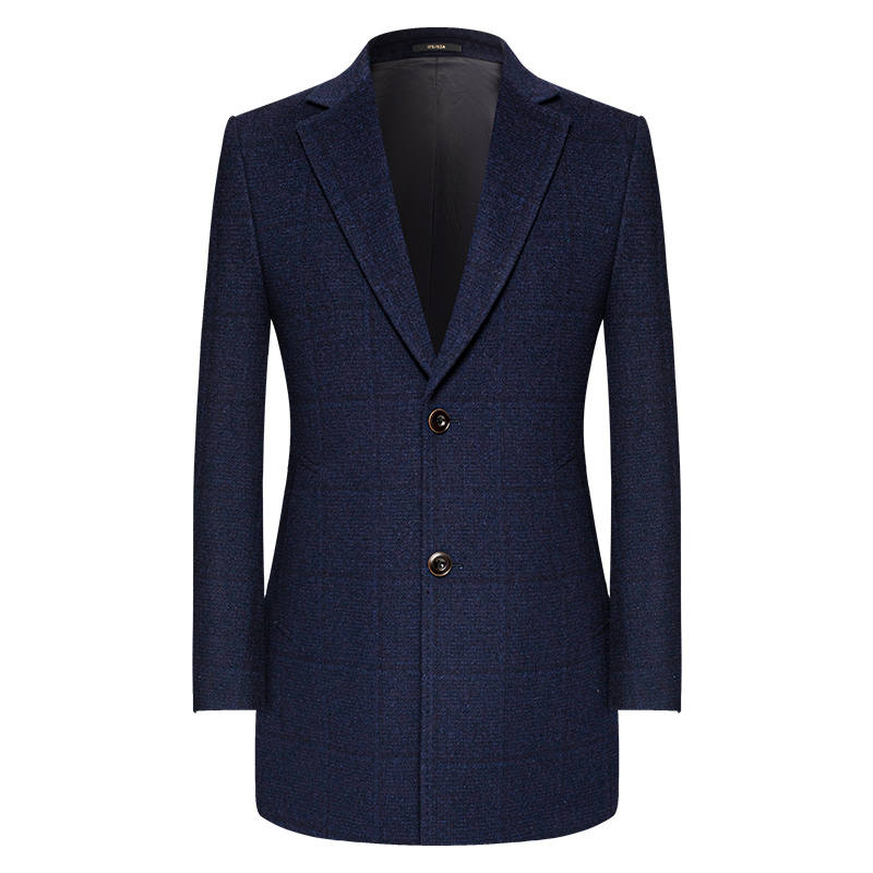 本派男士中长款蓝色格纹羊绒大衣