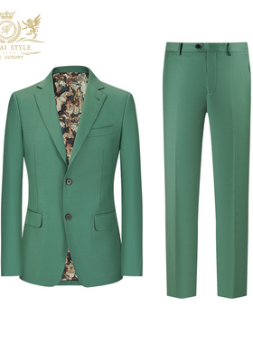 本派绿色西装男套装2025秋季新款时尚潮流高级定制工艺西服套装男